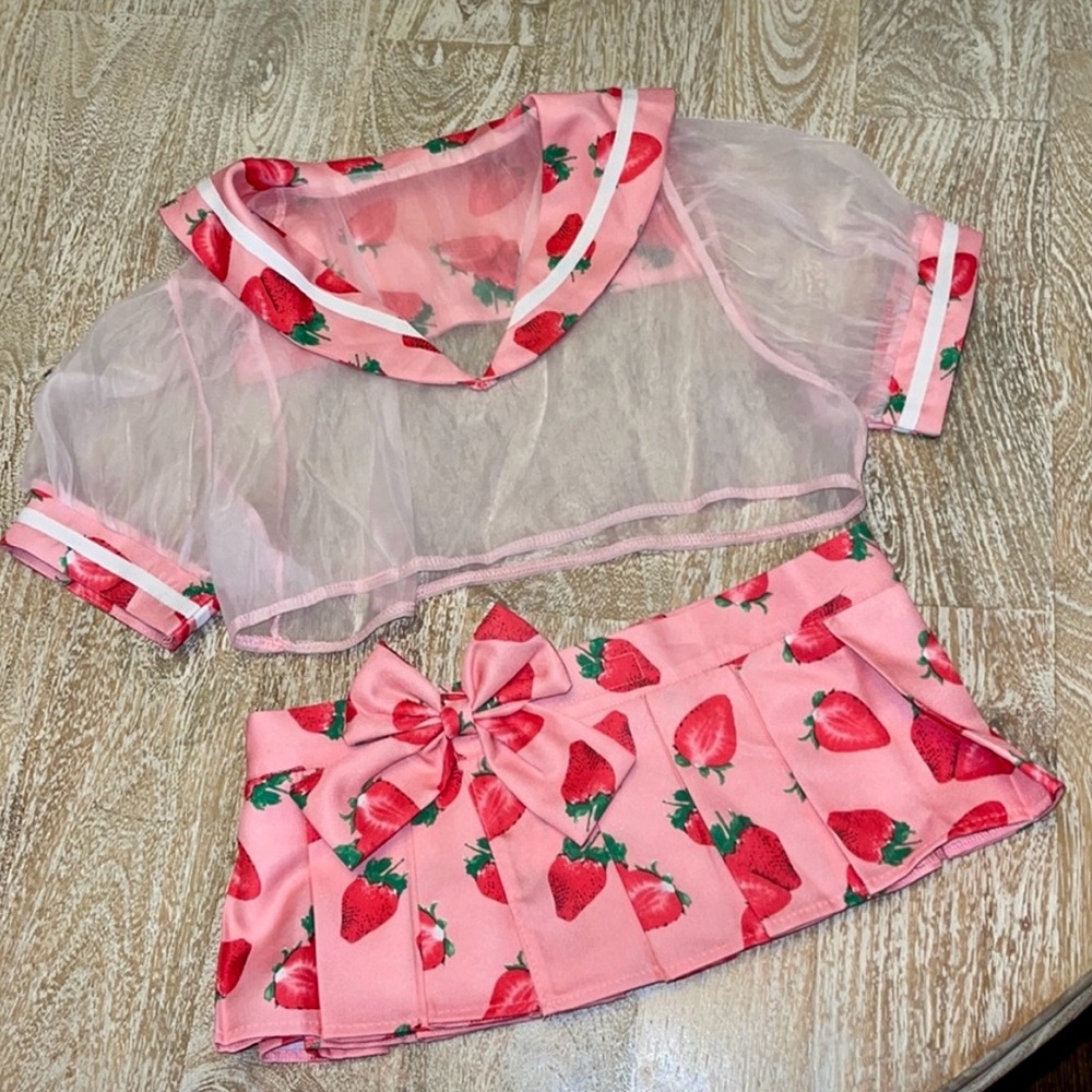 Cute Pink Sheer Strawberry Crop Top and micro mini Skirt Set Rave Party